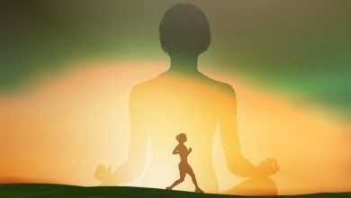 Woman running and woman meditating